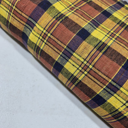 Mustard Brown Madras Check Cotton Linen Fabric 44" Plaid Dress Craft By The Meter