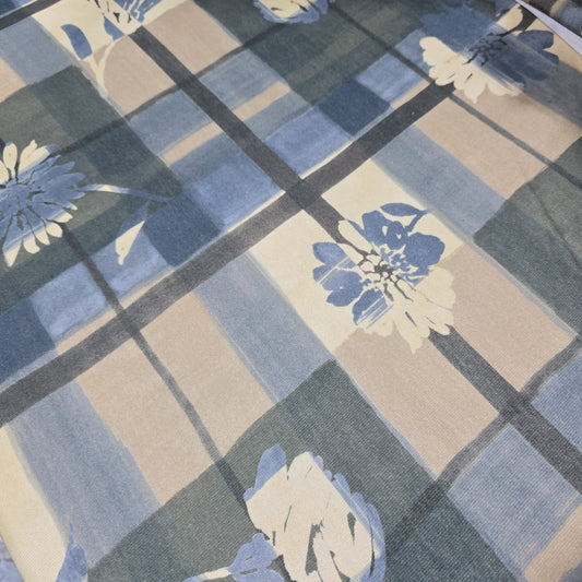 Deadstock Blue Floral Check Viscose Jersey Fabric 58" Wide | Soft Stretch Knit Dressmaking Material By The Meter