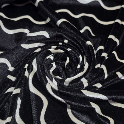 Black White Wave Print Velour Stretch Fabric | Soft Velvet Jersey Material | 58" Wide Dress Fabric | Sold by the Metre