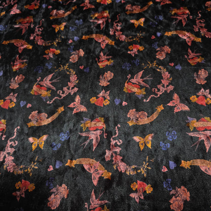 Black Floral Bird Velour Stretch Fabric | Soft Velvet Jersey Material | 58" Wide Dress Fabric | Sold by the Metre