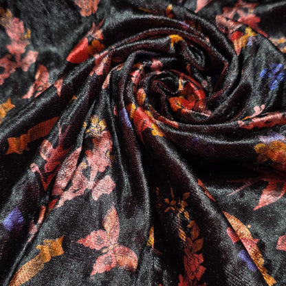 Black Floral Bird Velour Stretch Fabric | Soft Velvet Jersey Material | 58" Wide Dress Fabric | Sold by the Metre