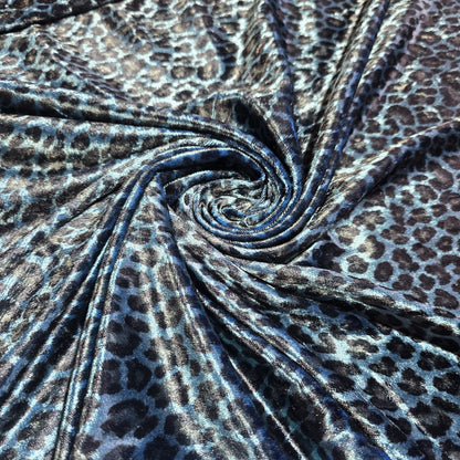 Blue Leopard Print Stretch Velour Fabric – Soft Velvet Jersey Dress Fabric 58" Wide | Sold by the Metre