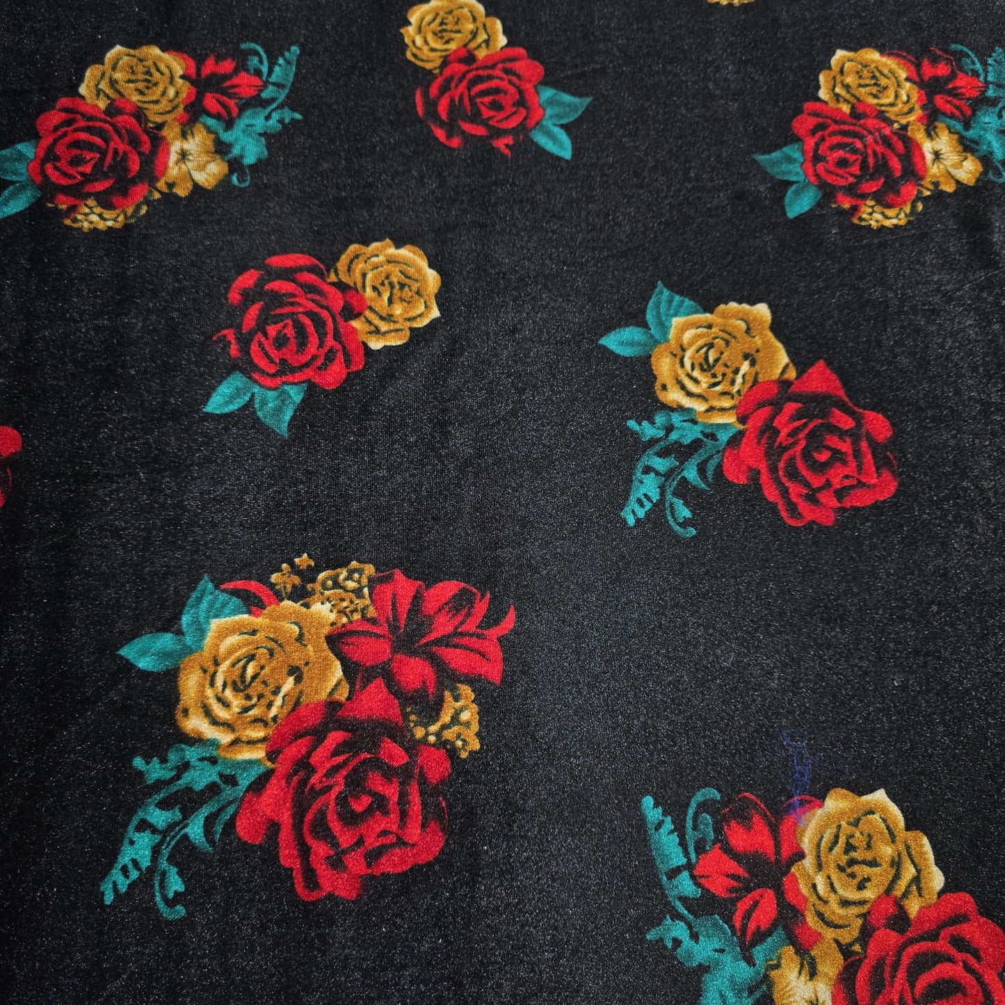 Black Floral Stretch Velour Fabric – Red & Mustard Rose Velvet Jersey 58" Wide | Soft Dress Fabric | Sold by the Metre