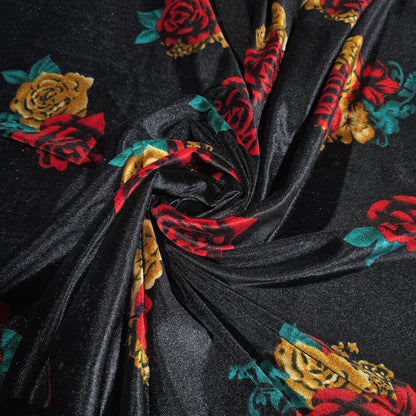 Black Floral Stretch Velour Fabric – Red & Mustard Rose Velvet Jersey 58" Wide | Soft Dress Fabric | Sold by the Metre
