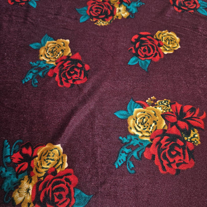 Burgundy Floral Stretch Velour Fabric – Wine Velvet Jersey with Red & Mustard Roses 58" Wide | Soft Dress Fabric | Sold by the Metre