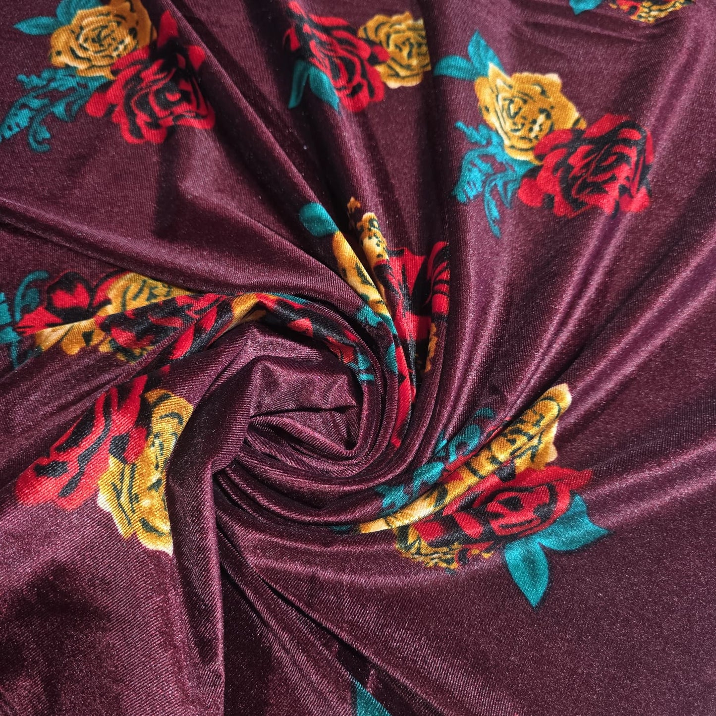 Burgundy Floral Stretch Velour Fabric – Wine Velvet Jersey with Red & Mustard Roses 58" Wide | Soft Dress Fabric | Sold by the Metre