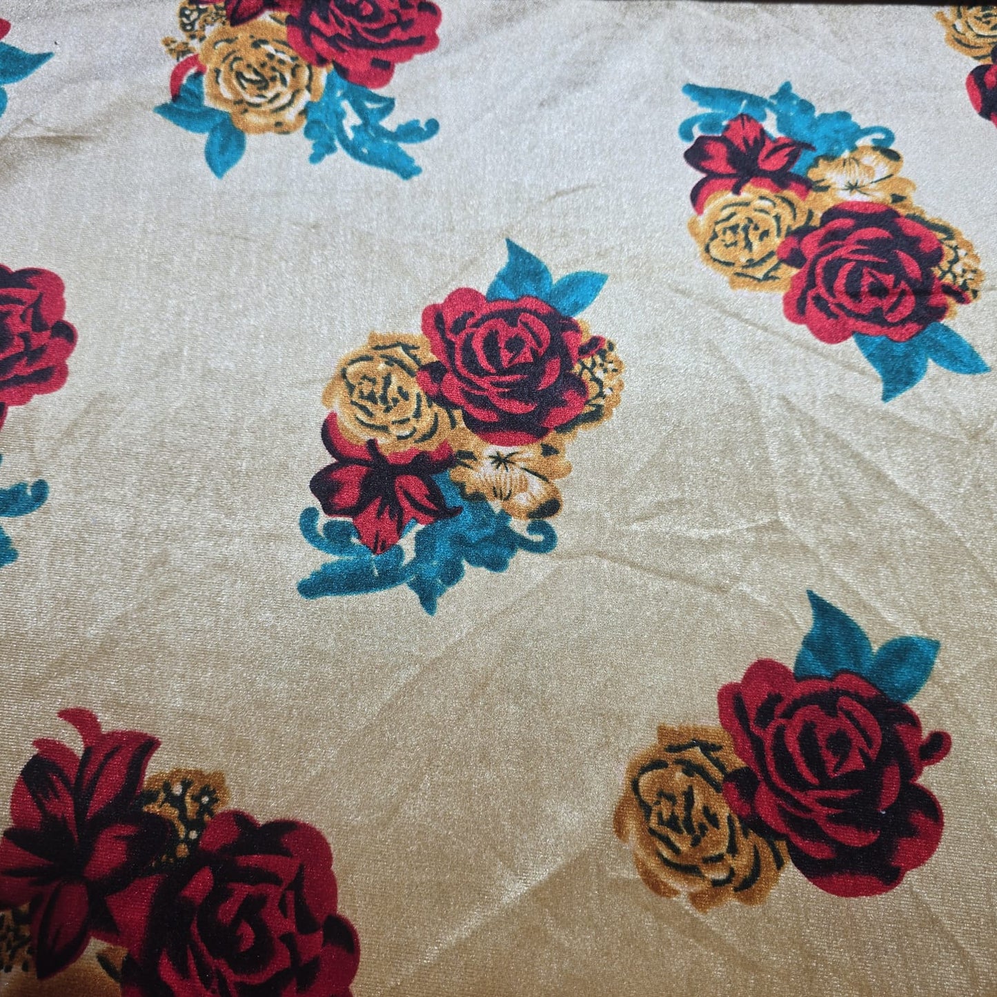 Champagne Floral Stretch Velour Fabric – Beige Velvet Jersey with Red Rose Print 58" Wide | Soft Dress Fabric | Sold by the Metre