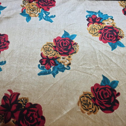 Champagne Floral Stretch Velour Fabric – Beige Velvet Jersey with Red Rose Print 58" Wide | Soft Dress Fabric | Sold by the Metre