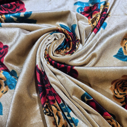 Champagne Floral Stretch Velour Fabric – Beige Velvet Jersey with Red Rose Print 58" Wide | Soft Dress Fabric | Sold by the Metre