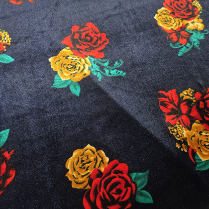 Navy Floral Stretch Velour Fabric – Navy Velvet Jersey with Red Rose Print 58" Wide | Soft Dress Fabric | Sold by the Metre