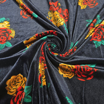 Navy Floral Stretch Velour Fabric – Navy Velvet Jersey with Red Rose Print 58" Wide | Soft Dress Fabric | Sold by the Metre