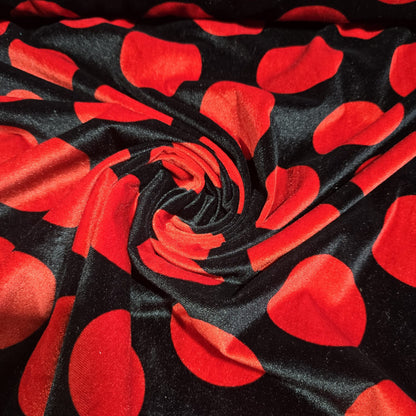 Black Floral Stretch Velour Fabric – Black Velvet Jersey with Red Rose Print 58" Wide | Soft Dress Fabric | Sold by the Metre
