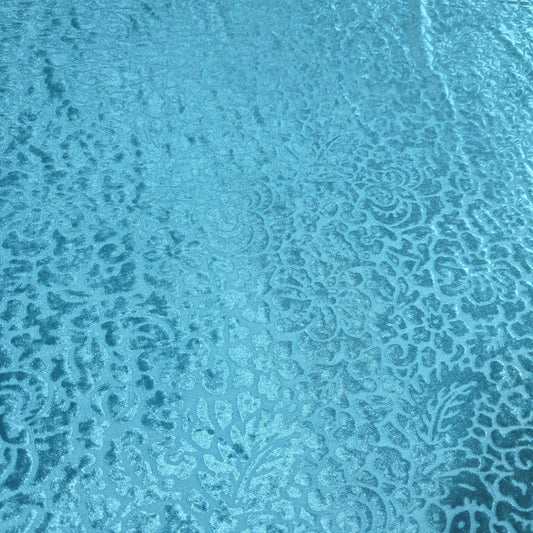 Turquoise Burnout Stretch Velvet Fabric Floral Paisley Crushed Velour Jersey 58" Wide | Luxury Dress Fabric | Sold by the Metre