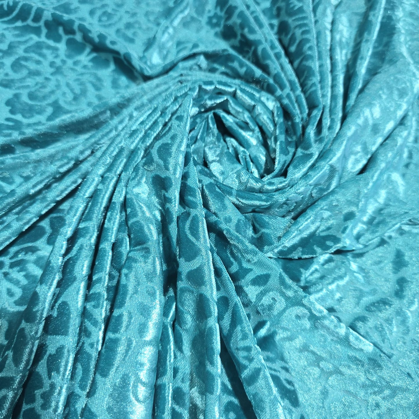 Turquoise Burnout Stretch Velvet Fabric Floral Paisley Crushed Velour Jersey 58" Wide | Luxury Dress Fabric | Sold by the Metre