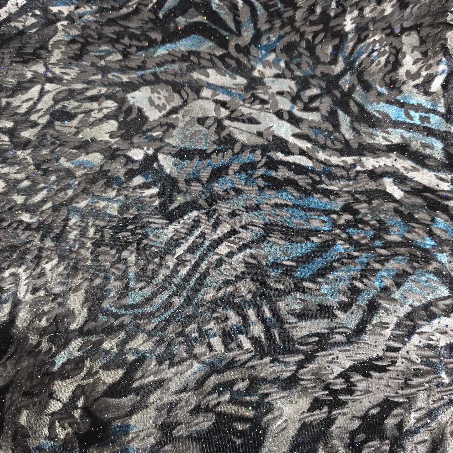 Black Silver Blue Glitter Velour Devor Stretch Fabric Burnout Velvet Dress Fabric 58" Wide | Luxury Stretch Fabric | Sold by the Metre