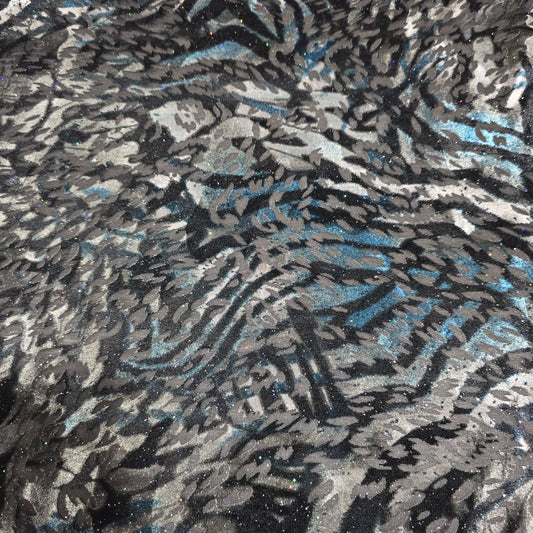 Black Silver Blue Glitter Velour Devor Stretch Fabric Burnout Velvet Dress Fabric 58" Wide | Luxury Stretch Fabric | Sold by the Metre