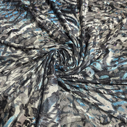 Black Silver Blue Glitter Velour Devor Stretch Fabric Burnout Velvet Dress Fabric 58" Wide | Luxury Stretch Fabric | Sold by the Metre