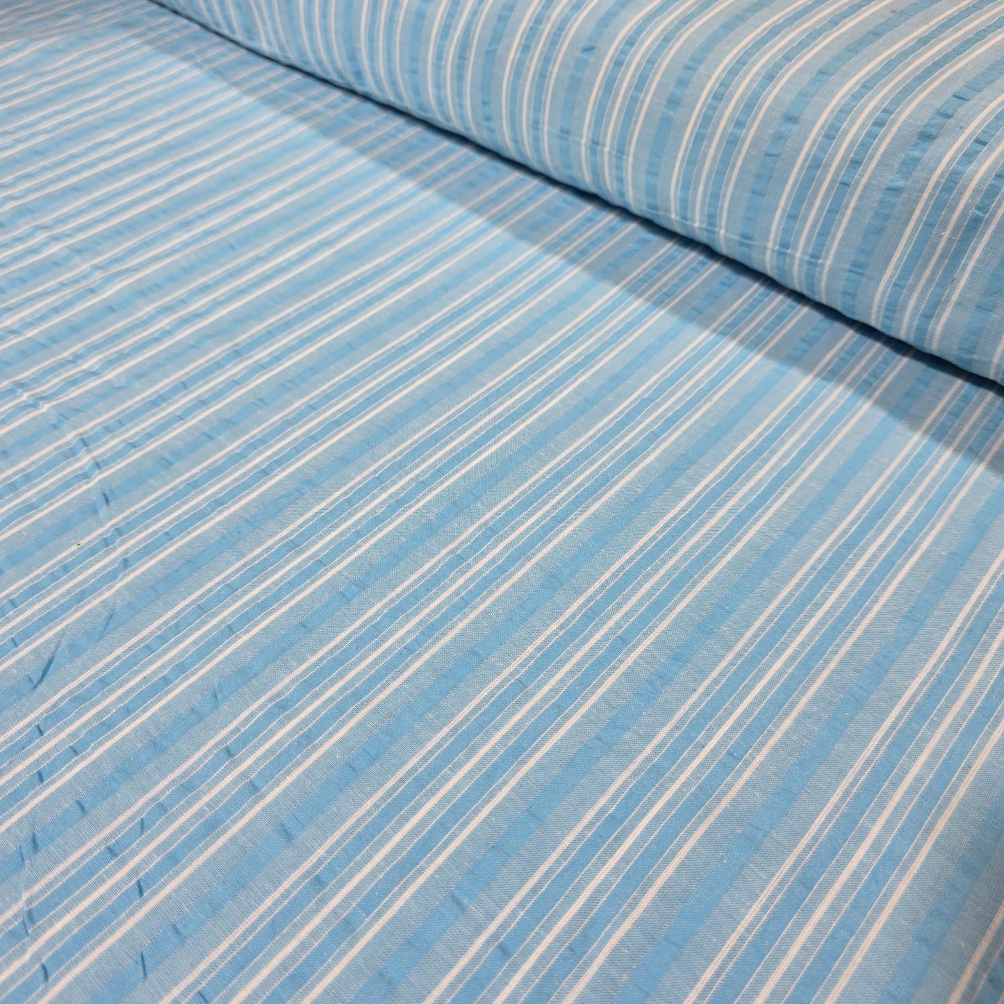 Sky Blue Striped Seersucker Fabric – 58" Wide | Lightweight Cotton Blend Dressmaking Fabric | Sold by the Metre