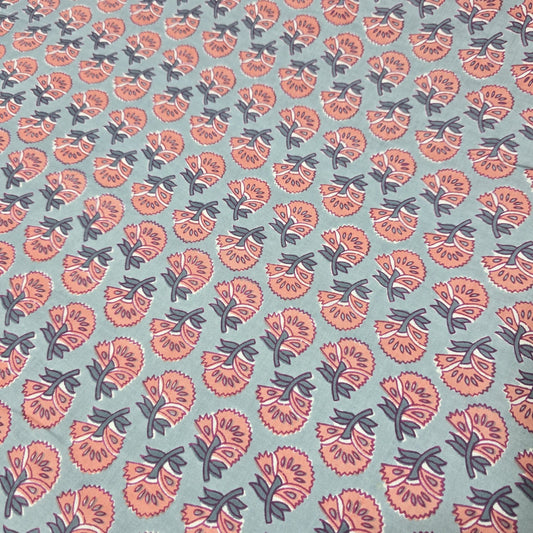 Sage green cotton lawn fabric with coral floral block print