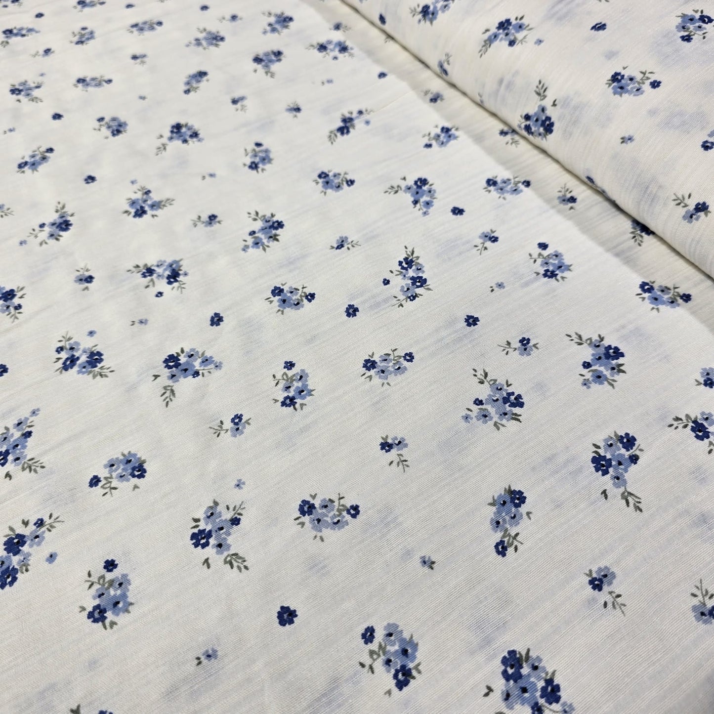 Premium 100% Crinkle Cotton Fabric – Off-White & Blue Ditsy Floral Print – 58" (147cm) Wide by the Metre