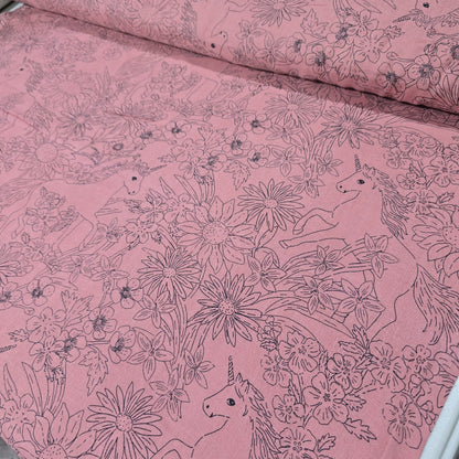 Premium 100% Cotton Double Gauze Fabric – Dusky Pink Floral Unicorn Line Art Print – 58" (147cm) Wide by the Metre