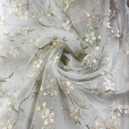 Ivory Floral Zari Embroidery Mesh Net Material Dress Craft Fabric 58" Wide By The Meter