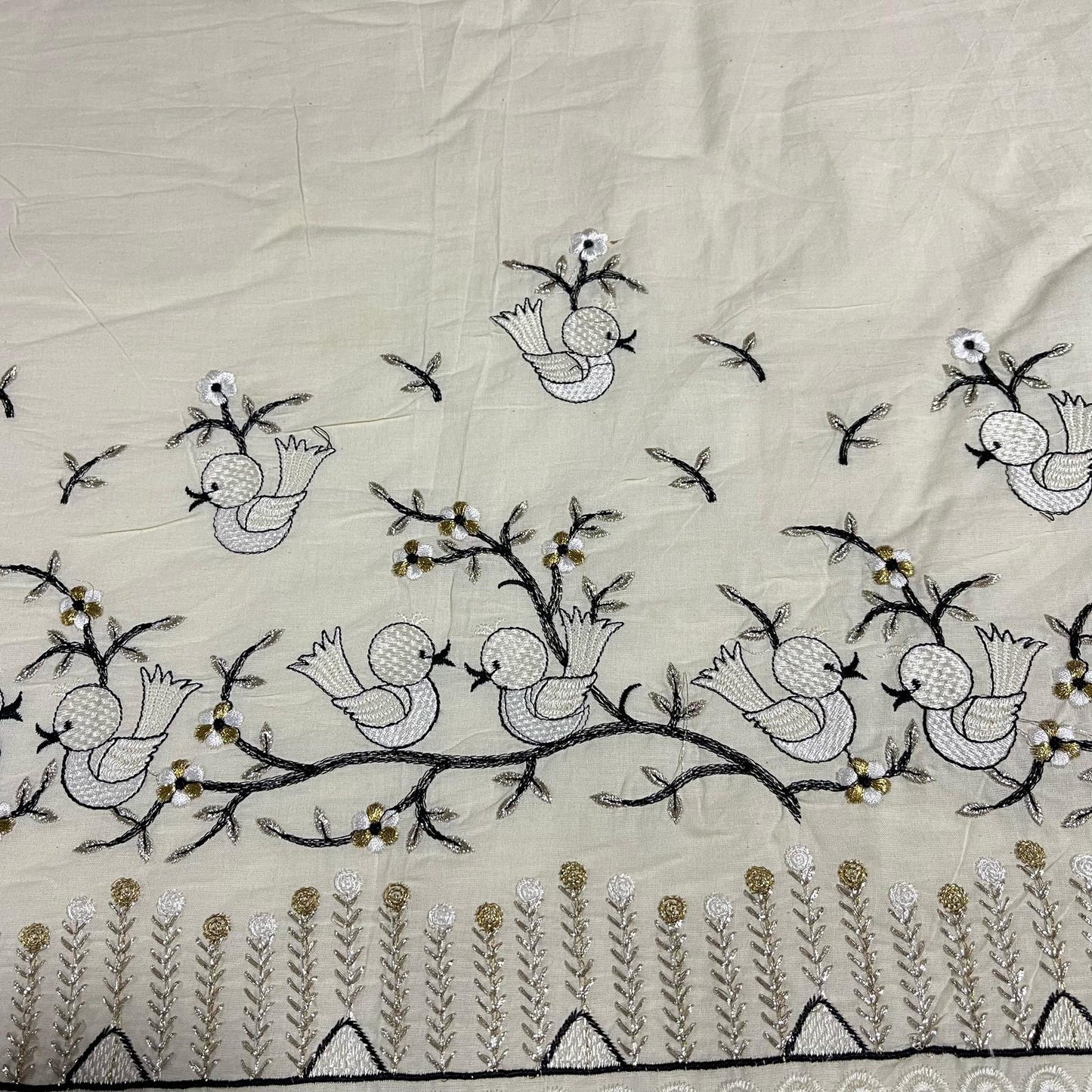 Cotton Embroidery Fabric Floral Golden Zari Metallic Dress Craft Material 44"