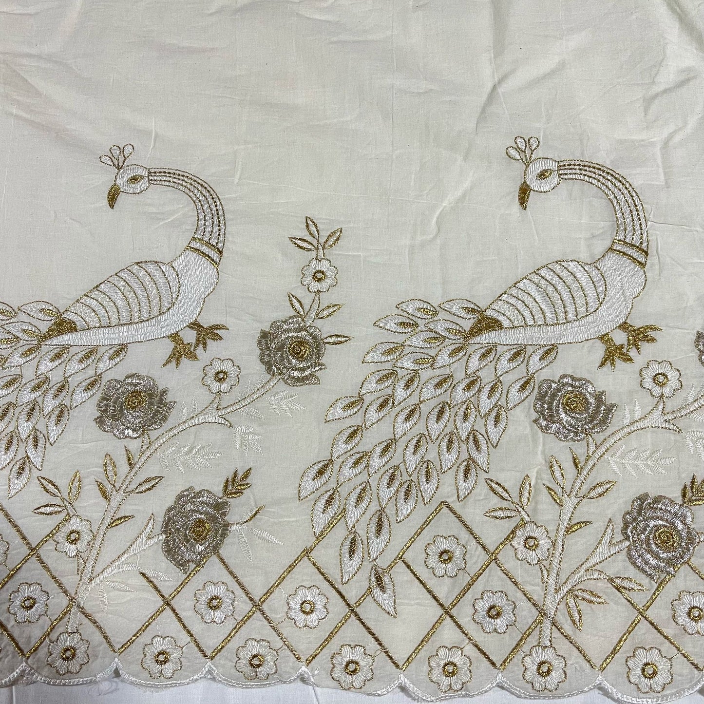 Cotton Embroidery Fabric Floral Golden Zari Metallic Dress Craft Material 44"