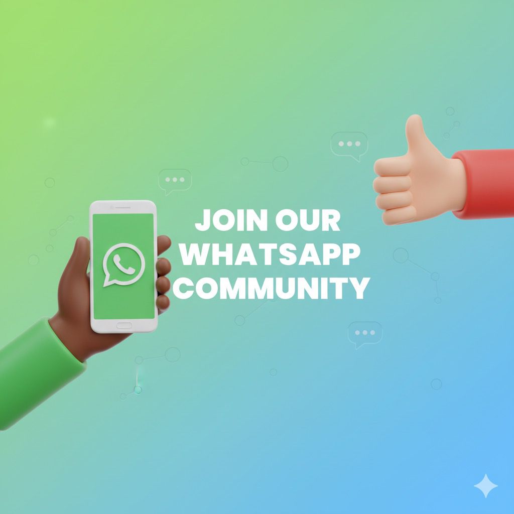 Phone with WhatsApp icon held by a hand, alongside a thumbs-up gesture, on a gradient background with text 'Join Our WhatsApp Community'.