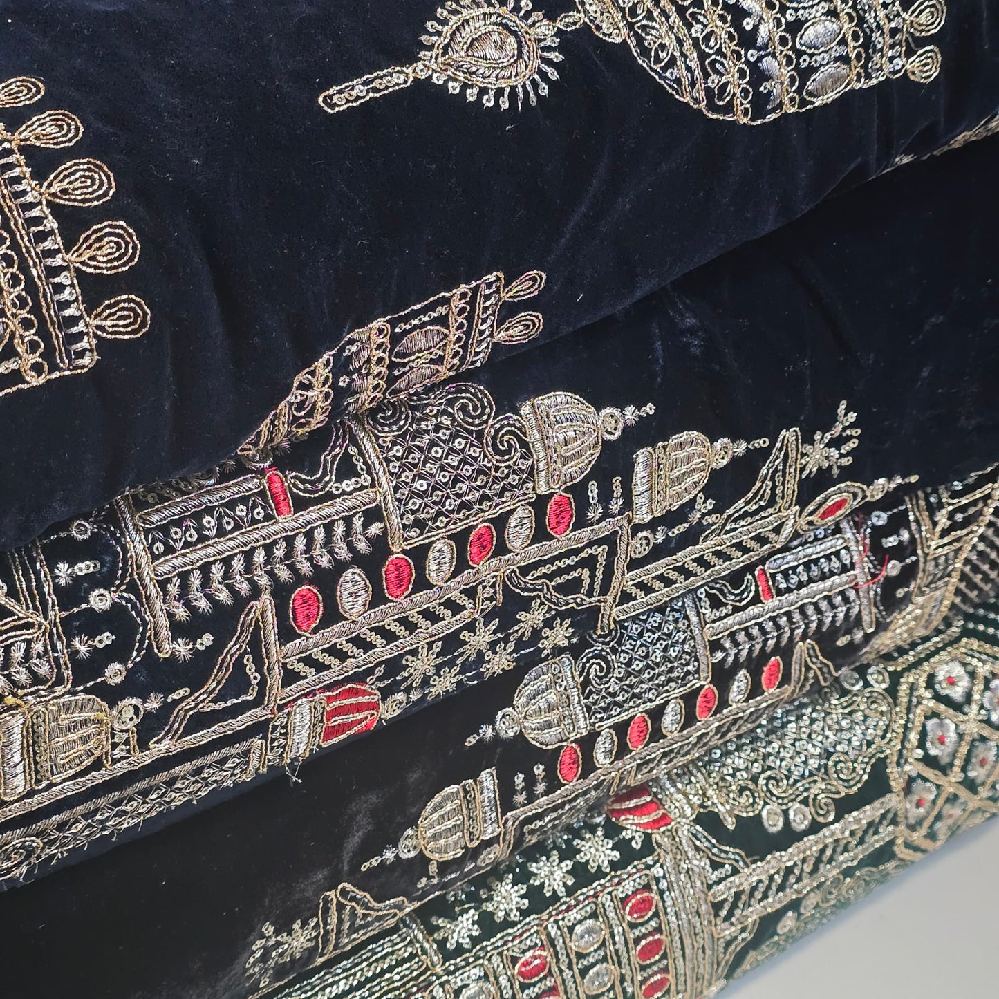 Velvet Gold Zari Embroidery Fabric Indian Wedding Dress Craft Material 58" Wide By The Meter