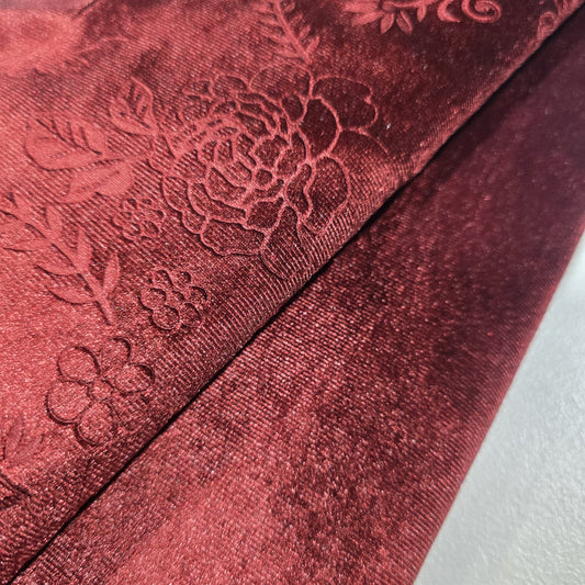 Blood Red Stretch Velvet Fabric 58" Wide – Embossed Floral & Plain Matching Velvet Mix & Match By The Metre