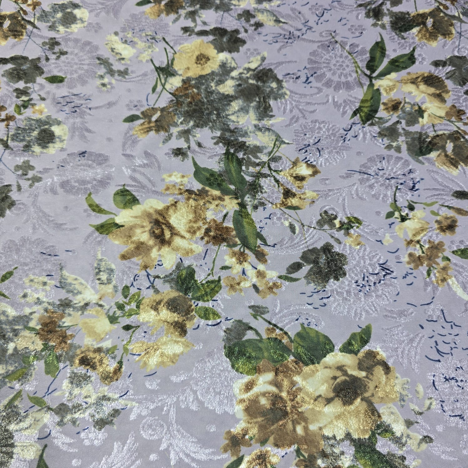 Lilac Floral Velvet Devore & Plain Wool Peach Skin Fabric 58