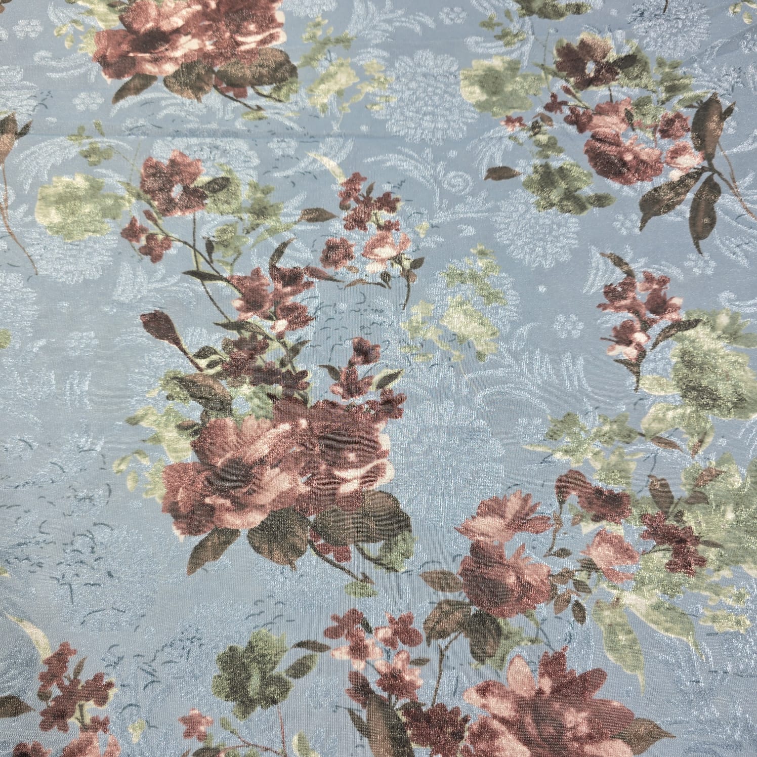 Powder Blue Floral Velvet Devore & Plain Wool Peach Skin Fabric 58