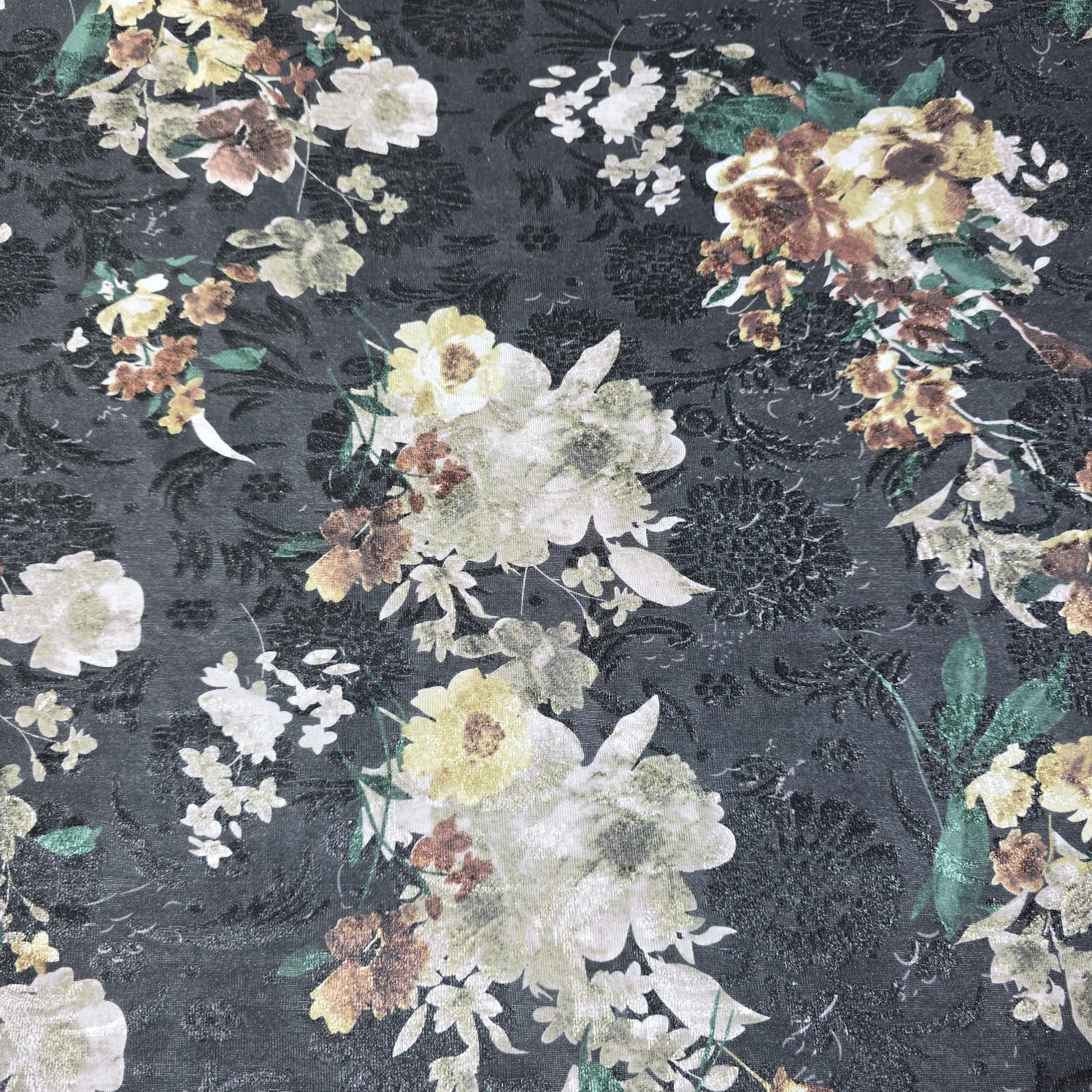 Black Floral Velvet Devore & Plain Wool Peach Skin Fabric 58