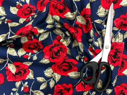 100% Cotton Poplin Rose Print Fabric – 58" Wide Soft Dressmaking, Sewing & Craft Material