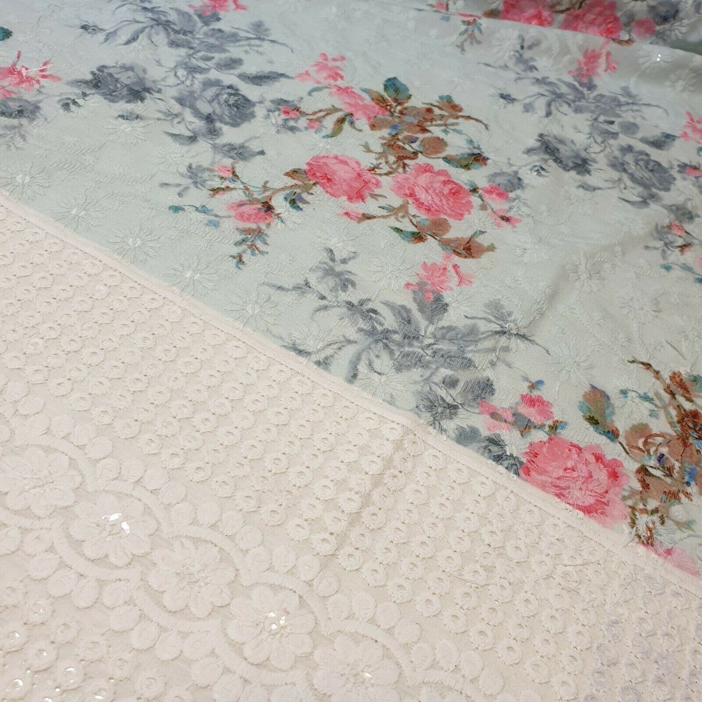 Pure Cotton Broderie Anglaise Fabric – 44" Wide Floral Printed & Embroidered Dress Material