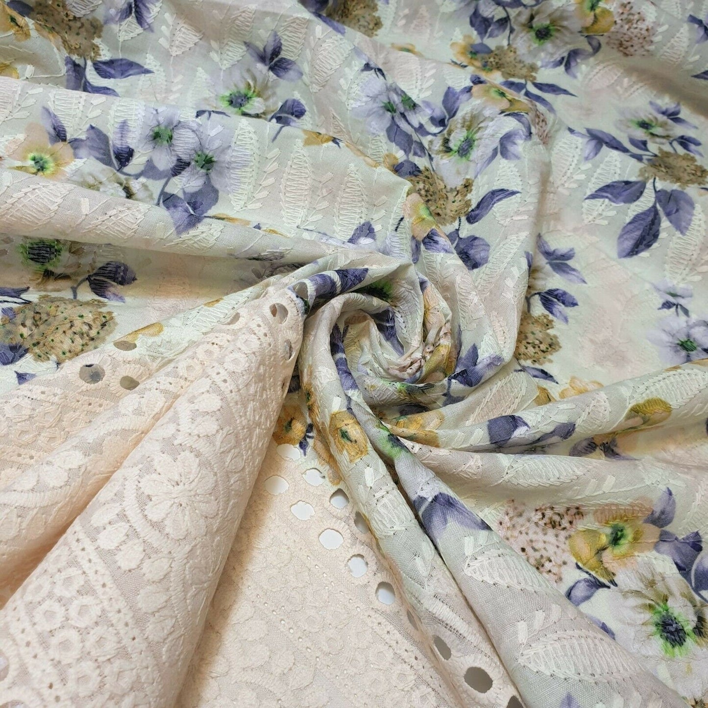 Pure Cotton Broderie Anglaise Fabric – 44" Wide Floral Printed & Embroidered Dress Material