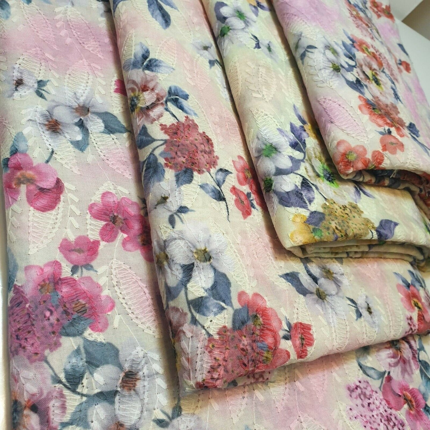 Pure Cotton Broderie Anglaise Fabric – 44" Wide Floral Printed & Embroidered Dress Material