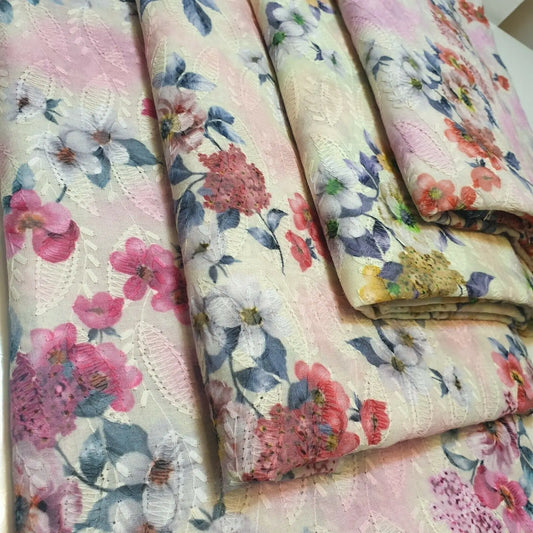 100% Cotton Broderie Anglaise Fabric | 44" (112cm) Wide Floral Printed & Embroidered Dress Material – Sold by the Metre