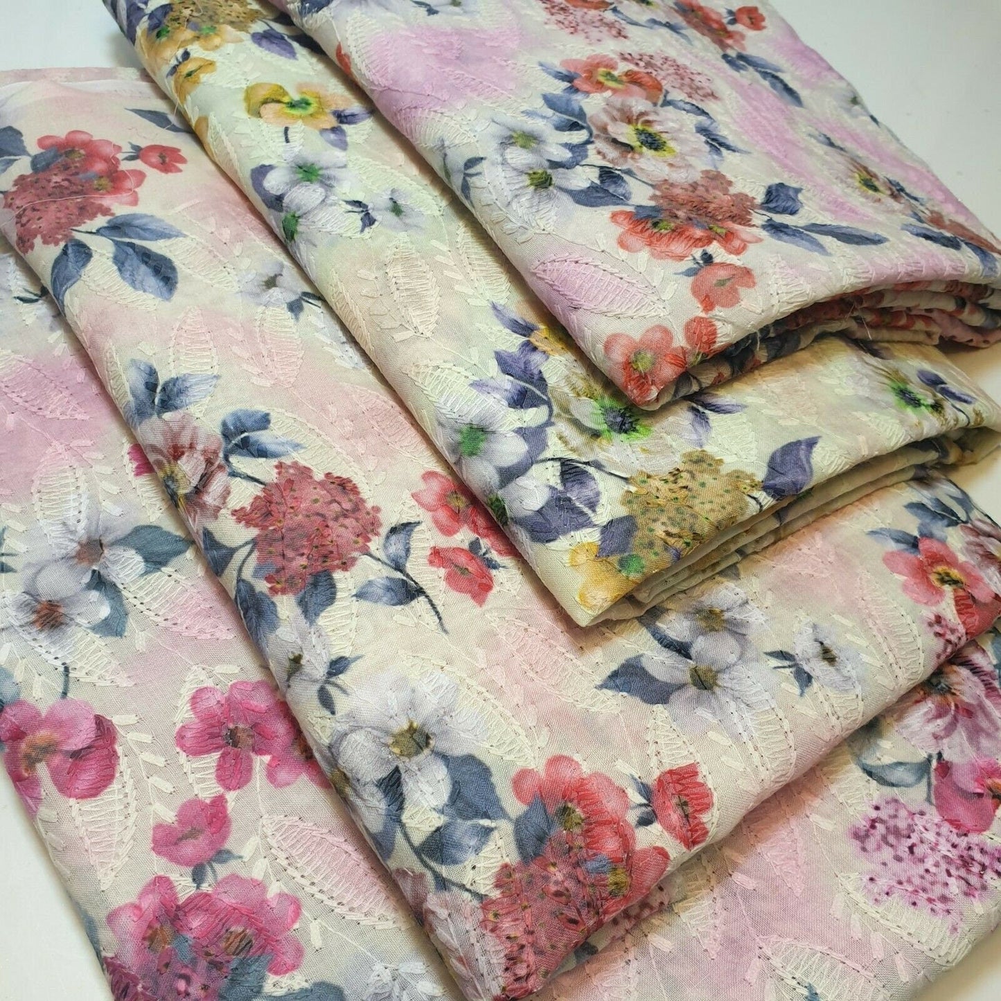 Pure Cotton Broderie Anglaise Fabric – 44" Wide Floral Printed & Embroidered Dress Material