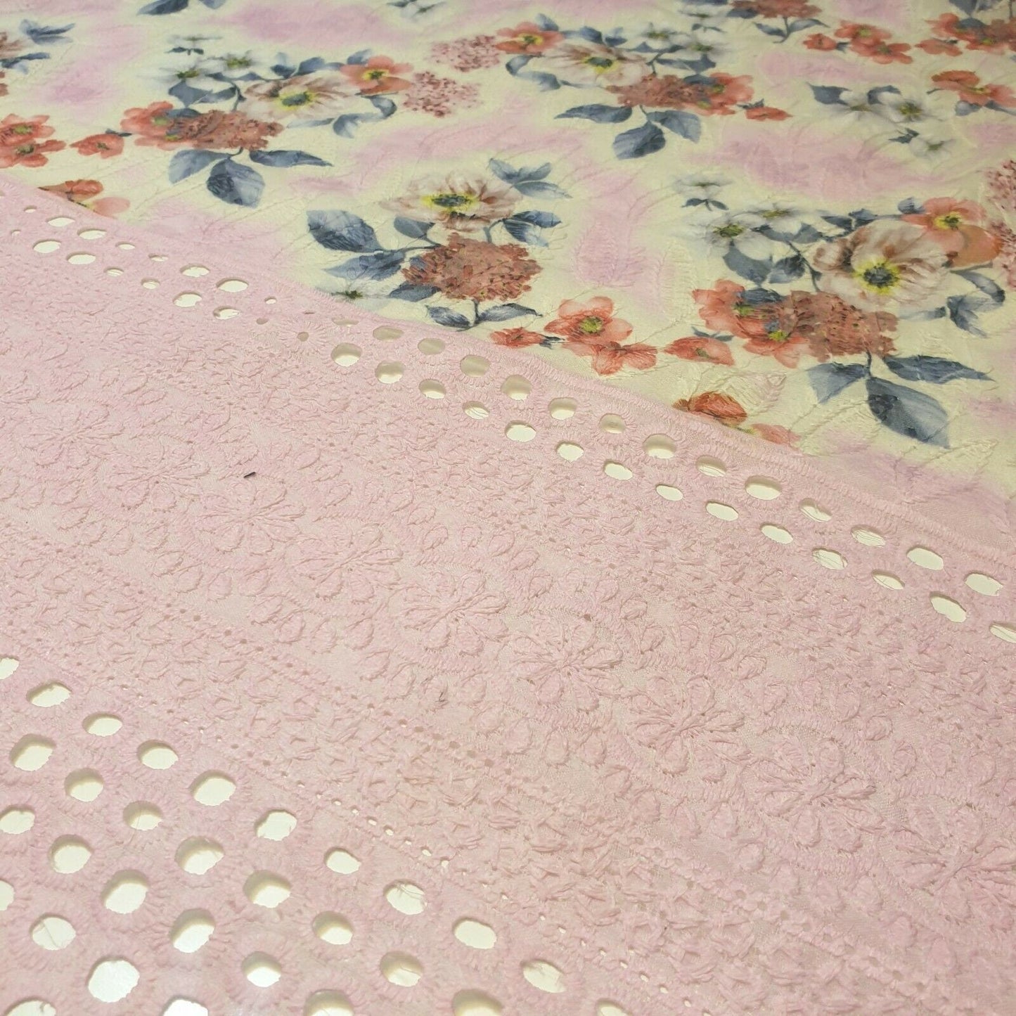 Pure Cotton Broderie Anglaise Fabric – 44" Wide Floral Printed & Embroidered Dress Material
