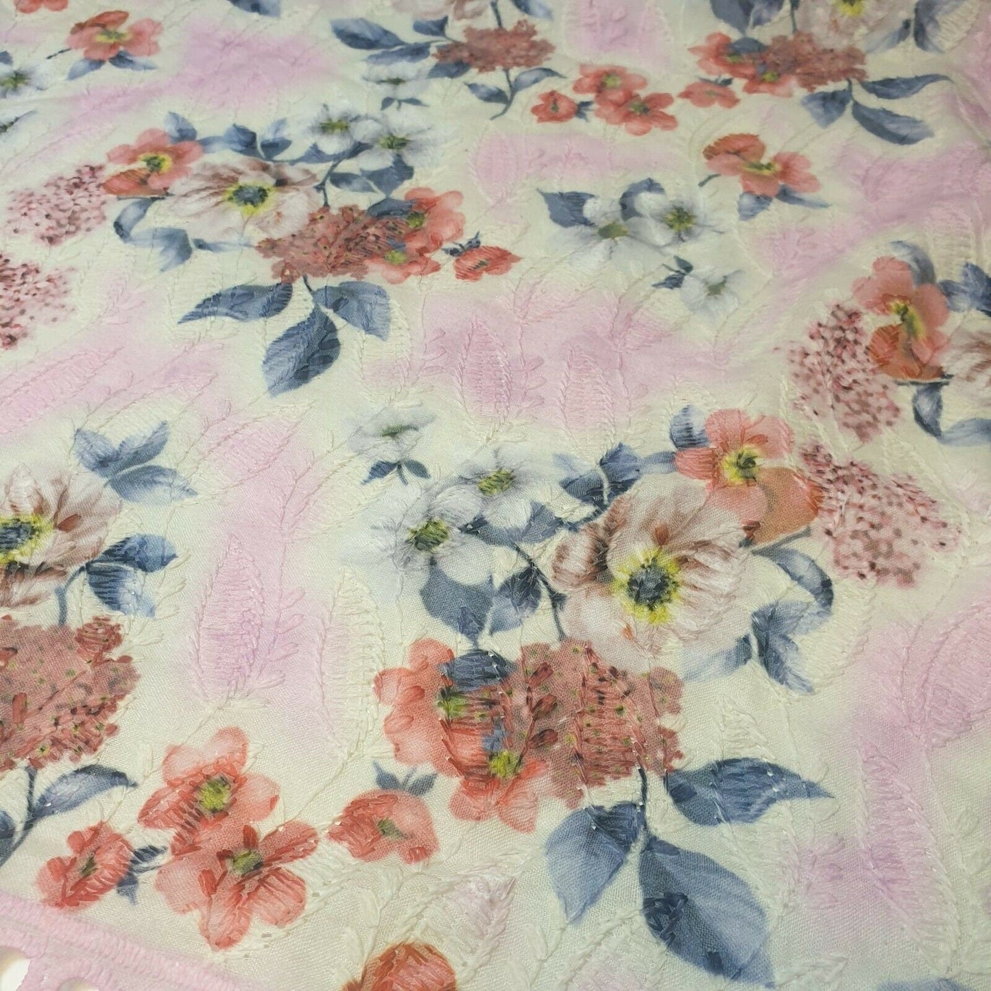 Pure Cotton Broderie Anglaise Fabric – 44" Wide Floral Printed & Embroidered Dress Material