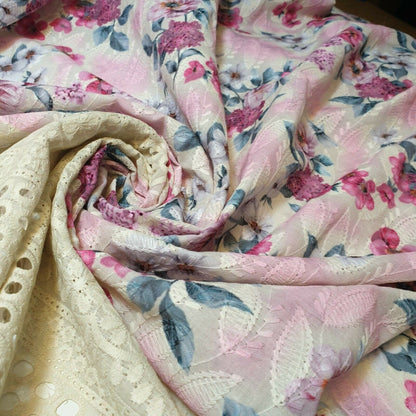Pure Cotton Broderie Anglaise Fabric – 44" Wide Floral Printed & Embroidered Dress Material