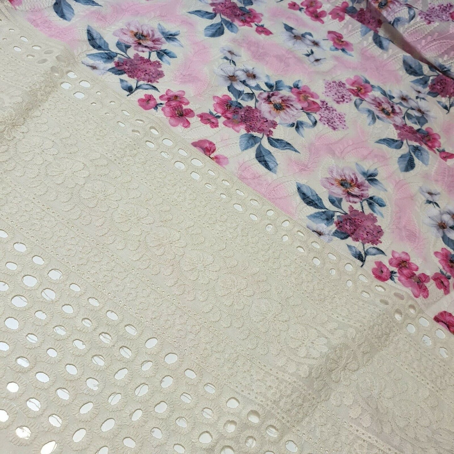 Pure Cotton Broderie Anglaise Fabric – 44" Wide Floral Printed & Embroidered Dress Material