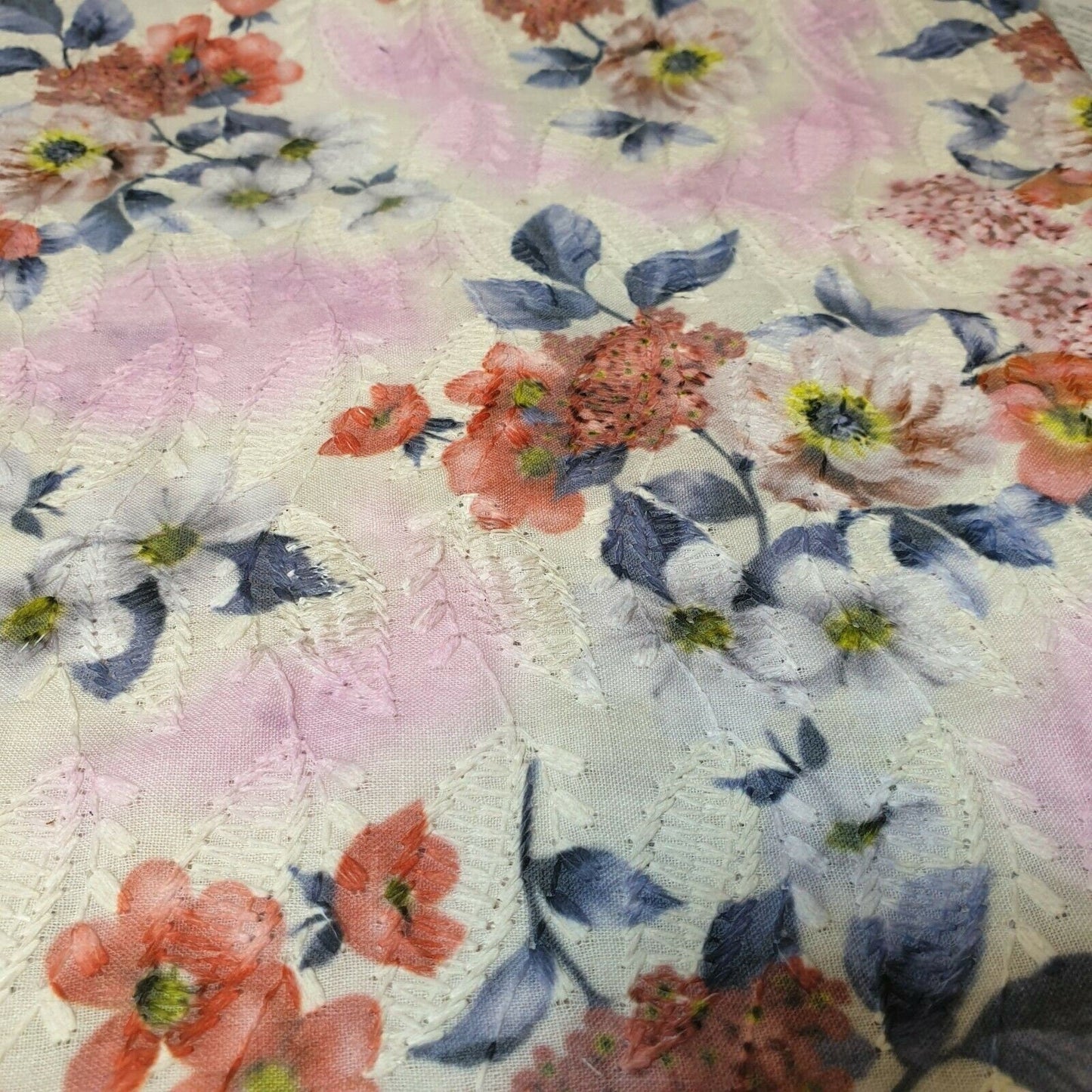 Pure Cotton Broderie Anglaise Fabric – 44" Wide Floral Printed & Embroidered Dress Material