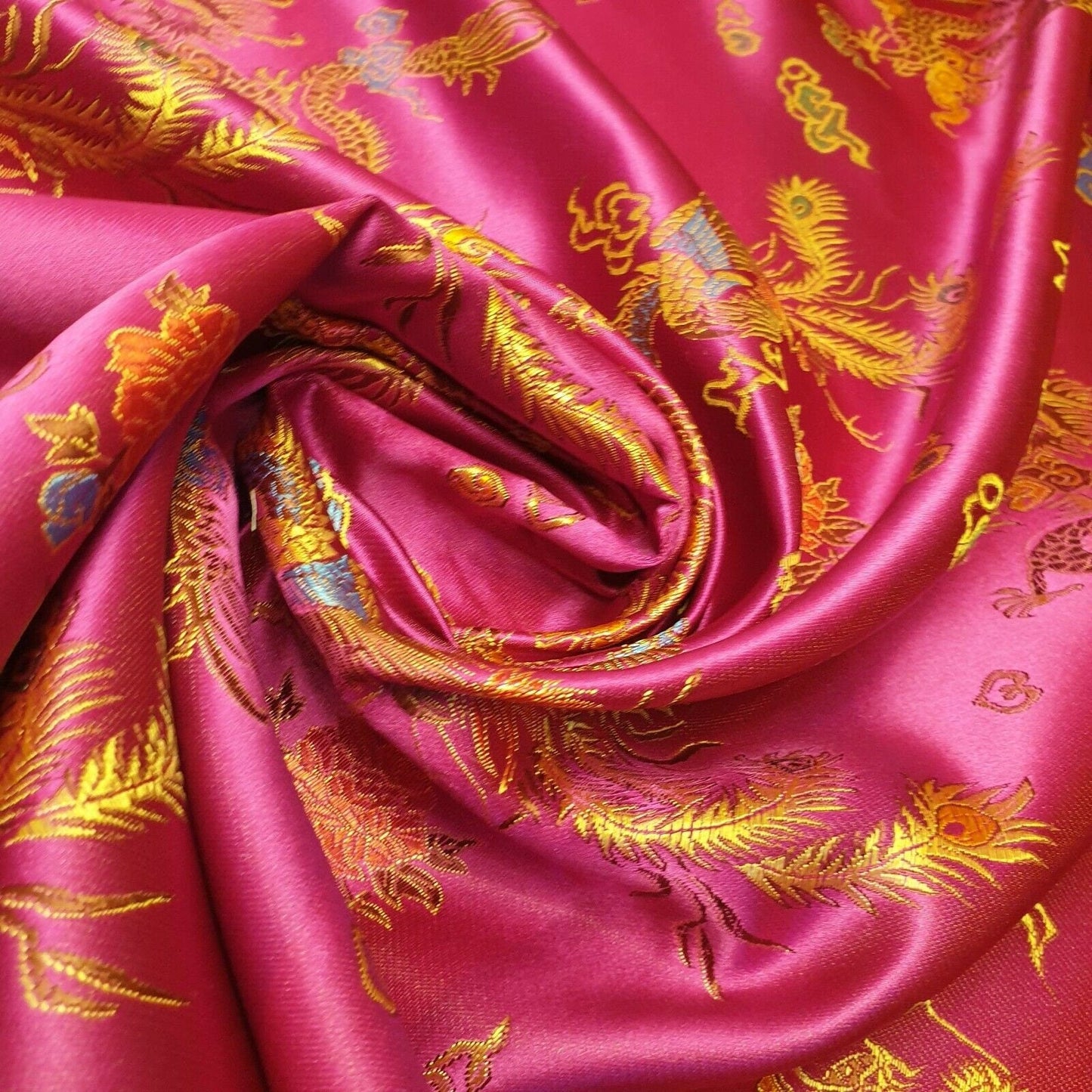 Traditional Chinese Embroidered Brocade Fabric – 36" Wide Poly Silky Satin Oriental Dragon & Floral Material by the Metre