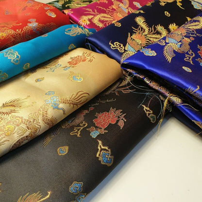 Traditional Chinese Embroidered Brocade Fabric – 36" Wide Poly Silky Satin Oriental Dragon & Floral Material by the Metre