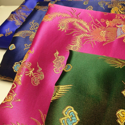 Traditional Chinese Embroidered Brocade Fabric – 36" Wide Poly Silky Satin Oriental Dragon & Floral Material by the Metre