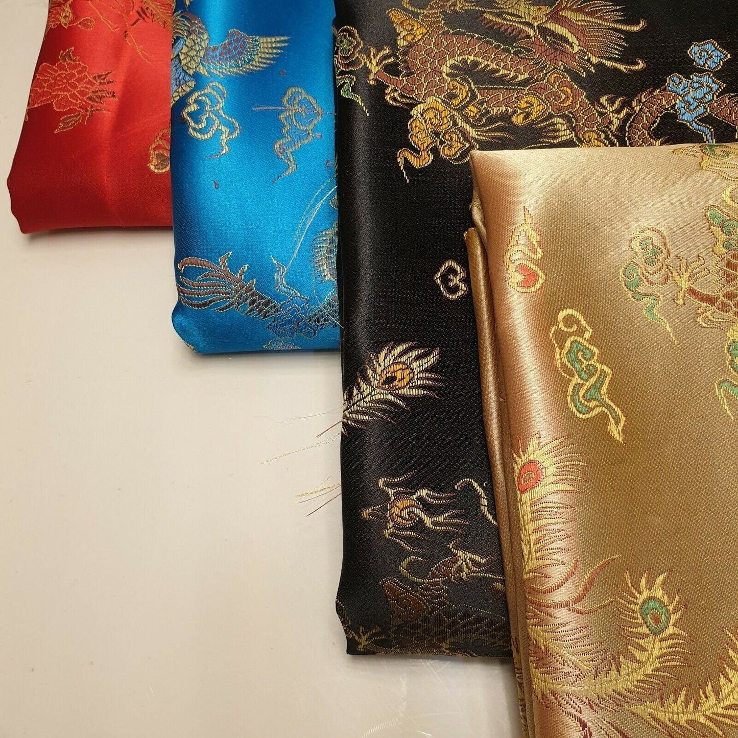Traditional Chinese Embroidered Brocade Fabric – 36" Wide Poly Silky Satin Oriental Dragon & Floral Material by the Metre