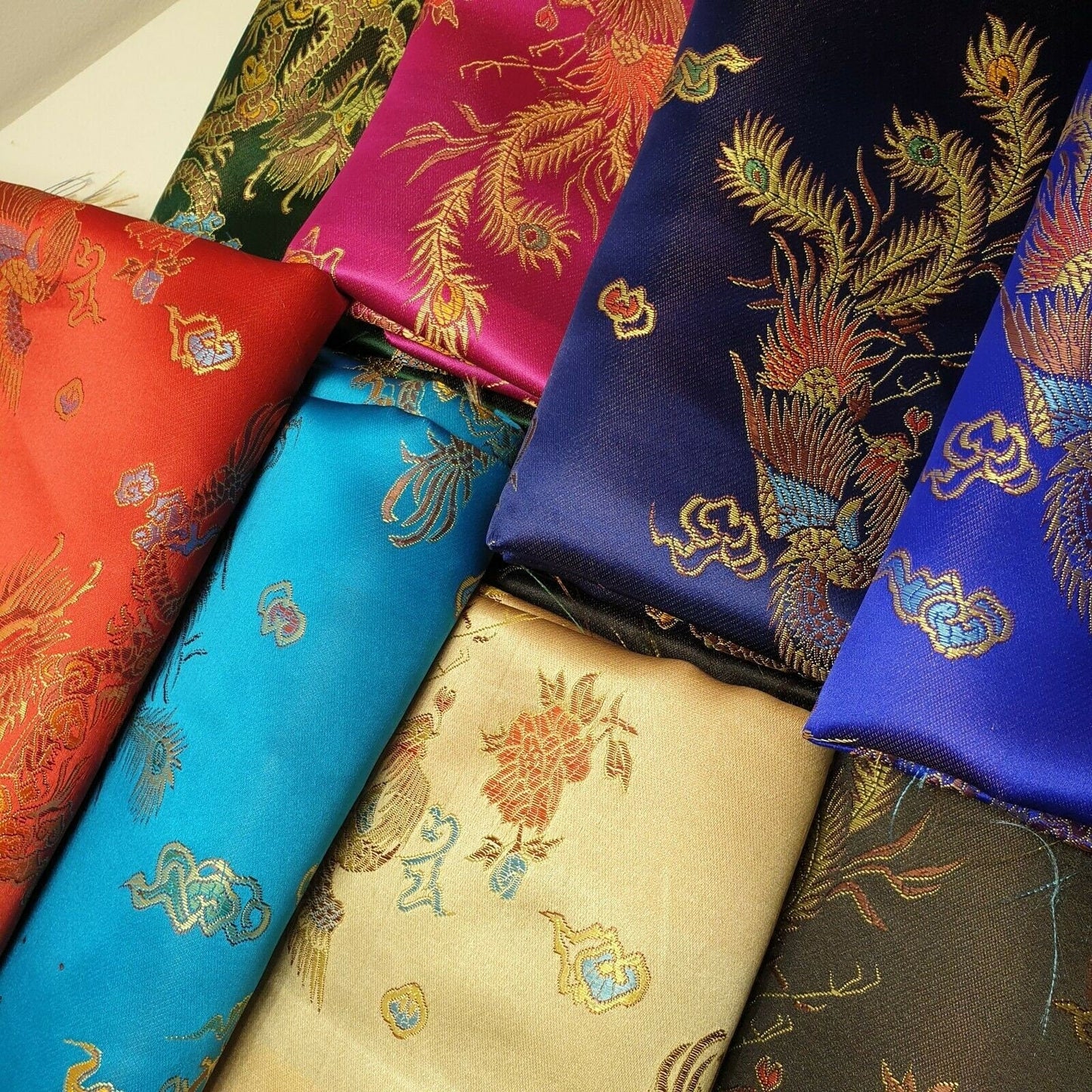Traditional Chinese Embroidered Brocade Fabric – 36" Wide Poly Silky Satin Oriental Dragon & Floral Material by the Metre